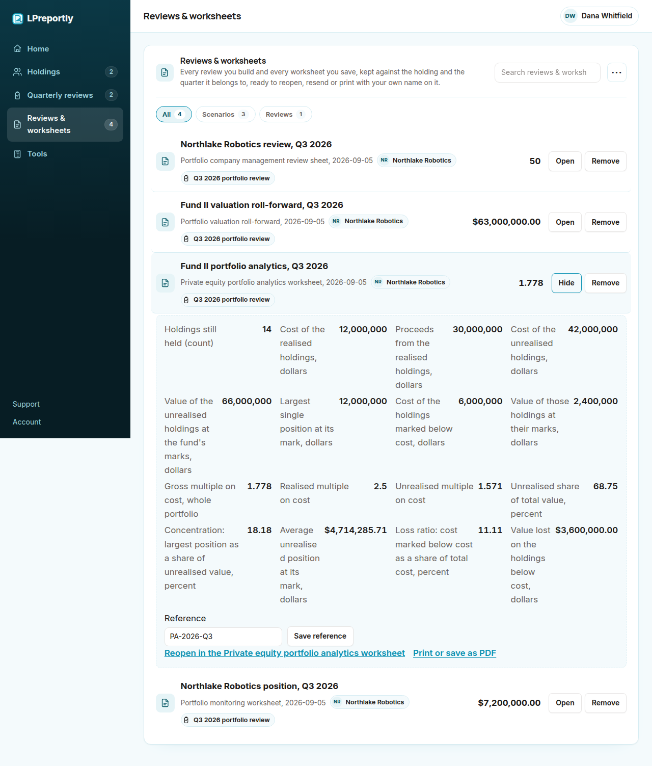 LPreportly Pro showing a saved private equity portfolio analytics worksheet: realised and unrealised cost and value, gross, realised and unrealised multiples, concentration and loss ratio