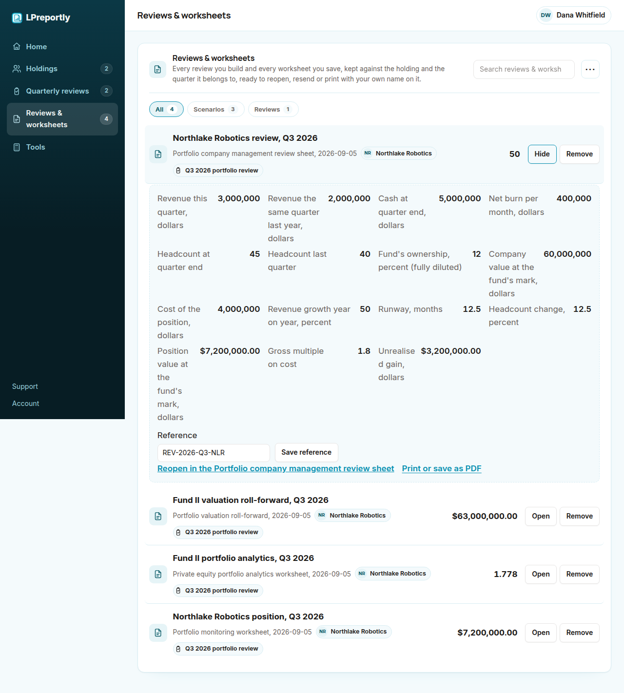 LPreportly Pro showing a saved portfolio company management review sheet: revenue growth, runway, headcount change, the position's value and multiple at the fund's mark