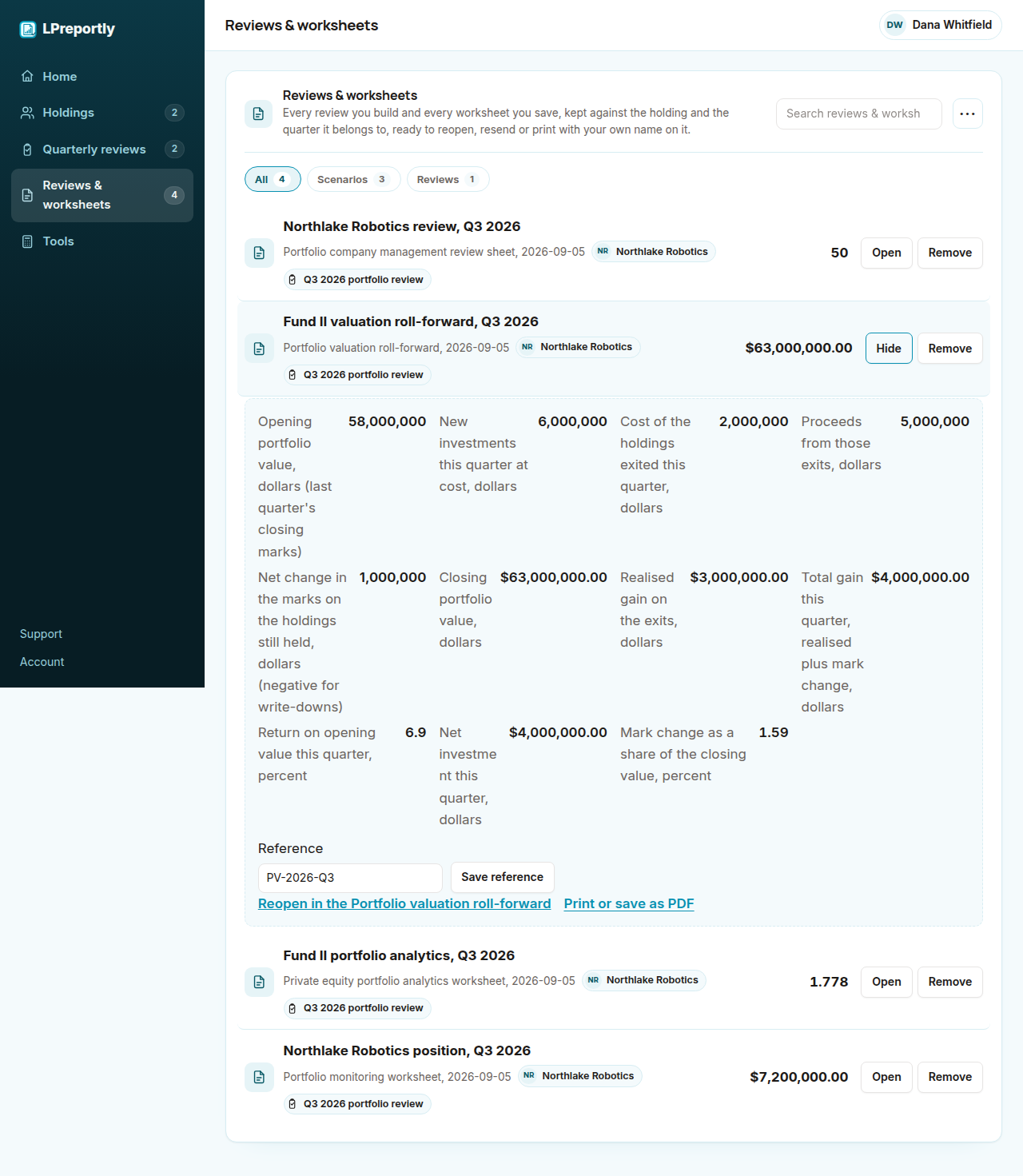 LPreportly Pro showing a saved portfolio valuation roll-forward: opening value, investments, exits at cost and proceeds, mark change, closing value and the quarter's return