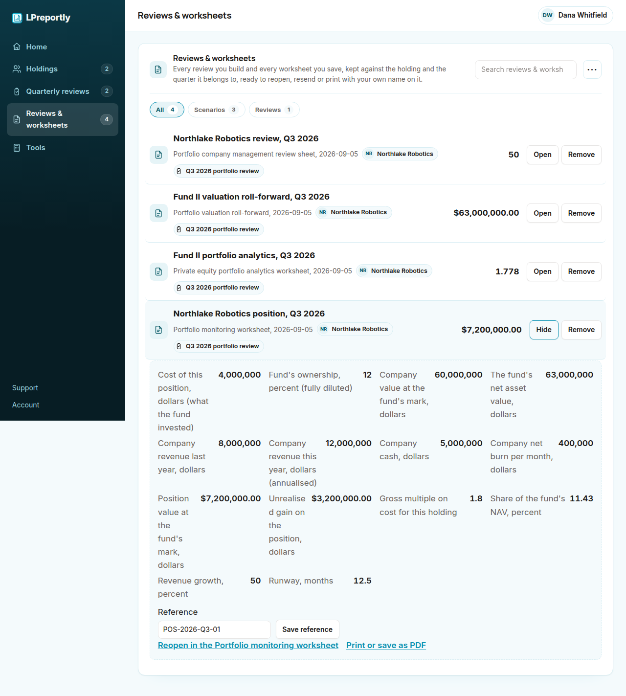 LPreportly Pro showing a saved portfolio monitoring worksheet for one holding: cost, ownership, the fund's mark, position value, unrealised gain, multiple on cost and share of NAV